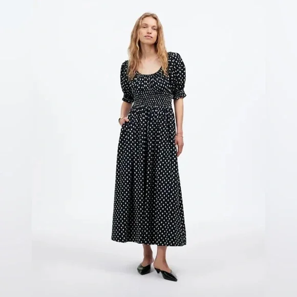 NWT Madewell Smocked-Waist Midi Dress in Black/White Shibori Dot Print Size 00 - Picture 1 of 4